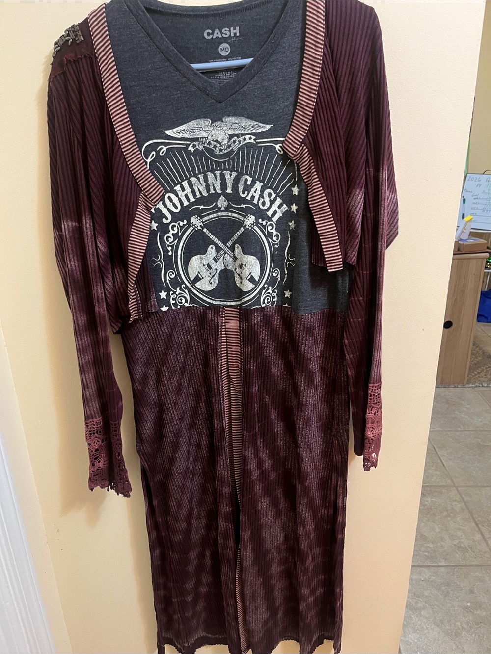 Johnny Cash Graphic Layered Burgundy Long Cardigan